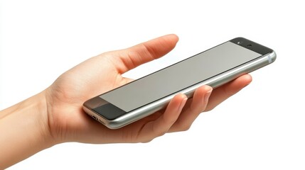 Hand Holding a Silver Smartphone Against White Background