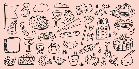 Black and white doodle food and drink collection on pink background illustration drawing
