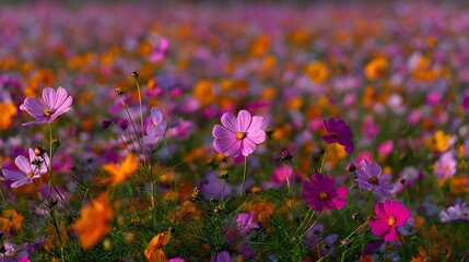 Fototapeta premium A vibrant field of cosmos flowers displays a riot of color, with various shades of pink, purple, orange, and other hues.