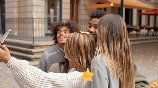 Group of diverse friends enjoying autumn fashion, taking selfies together in a picturesque street adorned with colorful fall leaves during golden hour, capturing joyful moments
