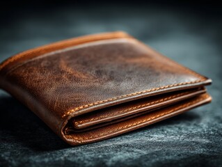 Closeup view of a folded brown leather wallet, showcasing its texture and stitching against a dark, textured background