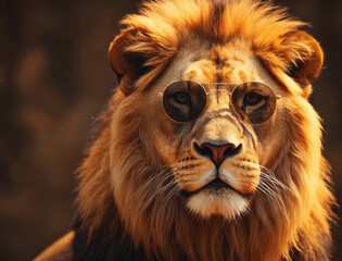Majestic lion head with rich brown fur, yellow eyes, and relaxed expression. Slightly tilted head, calm, and serene. Dark brown background, contrasting with fur, makes lion focal point.
