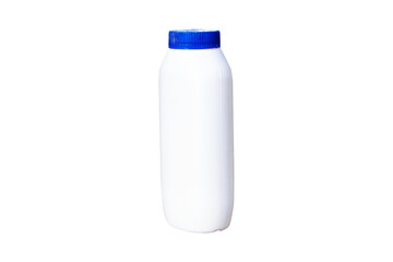 White Baby talcum powder empty bottle, container blue lid. Banner design product advertising. Isolated on cut out PNG or transparent background.