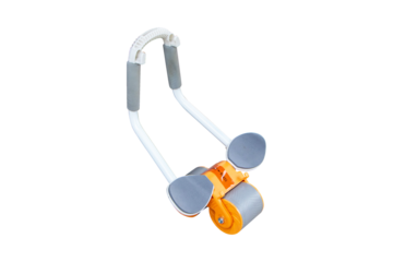 Abdominal wheel or Exercise wheel roller isolated on cutout PNG or transparent background. Home fitness wheel. Indoor exercise equipment for strengthening abdominal muscles.