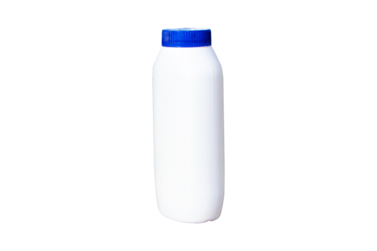 White Baby talcum powder empty bottle, container blue lid. Banner design product advertising. Isolated on cut out PNG or transparent background.