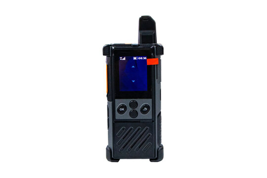 Walkie talkie radio black gadget portable isolated on cut out PNG or transparent background. Receiving-transmitting device designed. Short-range wireless equipment communication technology.