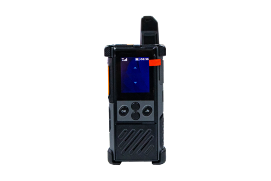 Walkie talkie radio black gadget portable isolated on cut out PNG or transparent background. Receiving-transmitting device designed. Short-range wireless equipment communication technology.