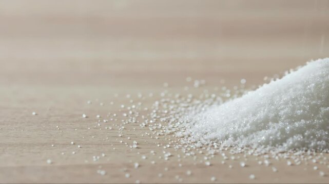 Granulated sugar falling onto wooden surface forms small pile slow motion clean kitchen scene baking ingredient food styling recipe background for promos menus packaging