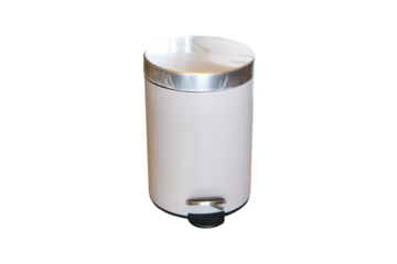 Metal aluminum trash can small with open lid isolated on cut out PNG or transparent background. Waste collection equipment for putting trash in bedroom or bathroom.	Rubbish bin garbage cylinder.