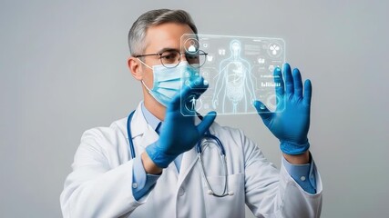 A masked doctor wearing blue gloves examines a futuristic holographic body scan The medical professional is in a white coat amidst a sterile environment - Powered by Adobe