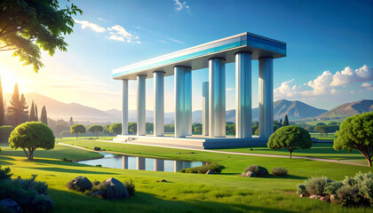 Obraz premium Futuristic modern structure with sleek reflective pillars in a serene green landscape, blending nature and innovation.