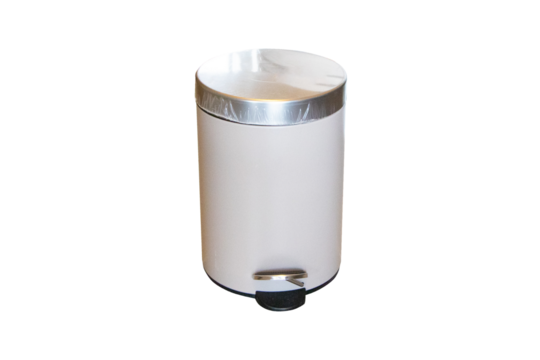 Metal aluminum trash can small with open lid isolated on cut out PNG or transparent background. Waste collection equipment for putting trash in bedroom or bathroom.	Rubbish bin garbage cylinder. - Powered by Adobe