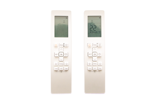 White air conditioner remote control Adjust temperature to 22 degrees celsius isolated on cut out PNG or transparent background. Allows users to conveniently adjust temperature fan speed and operating