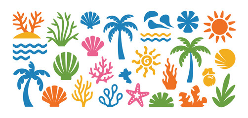 Colorful Tropical Beach Elements Collection Isolated on White summer ocean