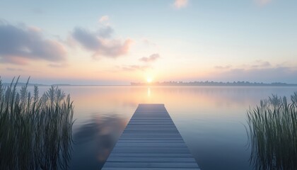Obraz premium Quiet Lake Sunrise As A Boardwalk Extends Onto The Serene Waters, Offering A Peaceful And Tranquil View Of The Morning Scene.
