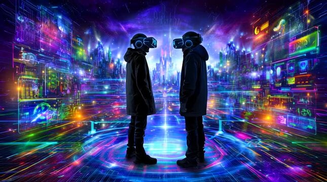 Un labyrinthe futuriste avec une zone de jeu immersive en r&eacute;alit&eacute; virtuelle, o&ugrave; deux joueurs portent des casques de VR