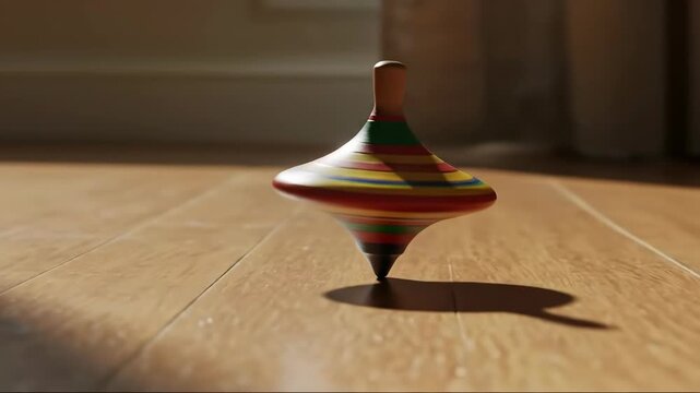 Colorful wooden spinning top twirling on parquet floor warm sunlight dynamic motion childhood nostalgia toy concept learning physics slowmo