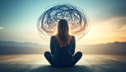 Rear view of a woman meditating or contemplating, with a tangled mess of lines representing stress or thoughts surrounding her head, against a peaceful sunset sky and mountains.