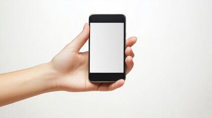 Hand Holding Smartphone with Blank White Screen Against White Background