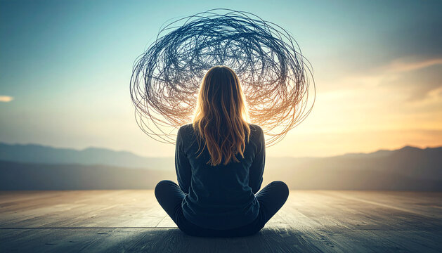 Rear view of a woman meditating or contemplating, with a tangled mess of lines representing stress or thoughts surrounding her head, against a peaceful sunset sky and mountains.