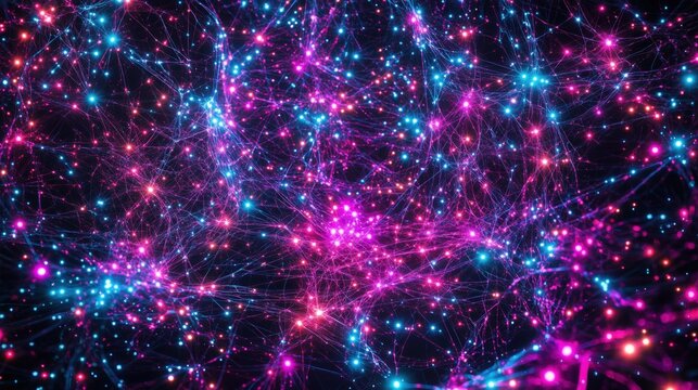 Neon electric web in vivid pink, blue. 80s retro futuristic style, glowing network, digital grid. Posters, digital art, modern 90s, 2000s, Y2K creative visuals, tech backgrounds.