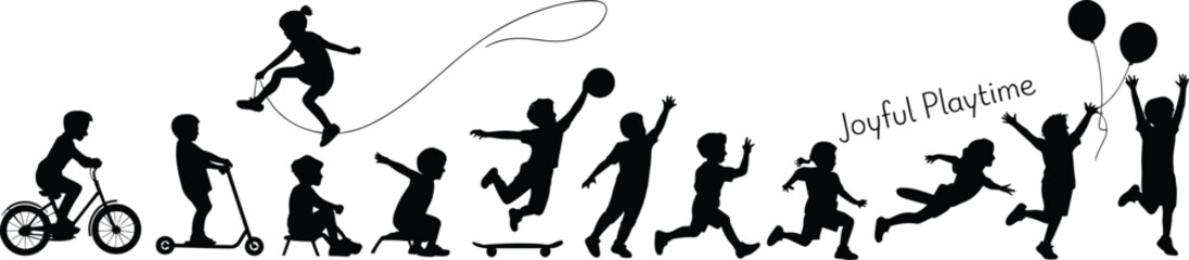 Silhouettes of playful children, kids jumping, running, cycling, skating, playing with toys, balloon, skipping rope, outdoor fun, isolated background