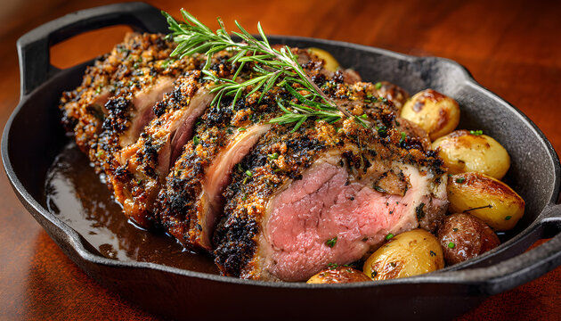 Delicious lamb roast in pan on wooden board