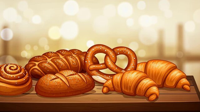 Delicious bread and pastries: fresh croissants and pretzels on wooden table with warm bokeh lighting