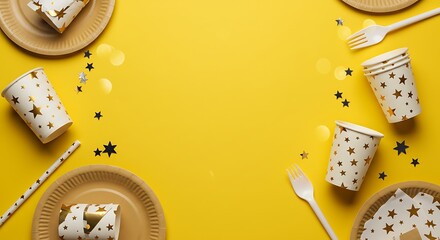 Festive party decorations, cups and plates on yellow background.