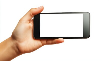 Hand Holding Smartphone with Blank White Screen on White Background