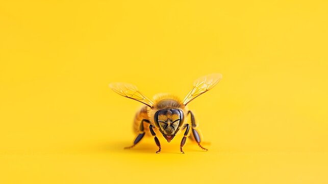 Close up of a honey bee on a vibrant yellow background
