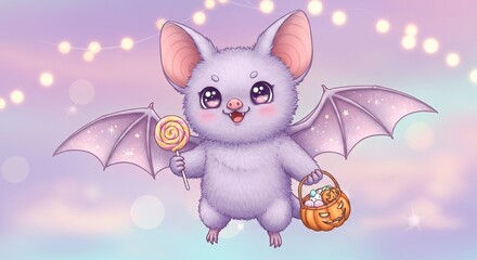 Cute bat with lollipop and pumpkin basket