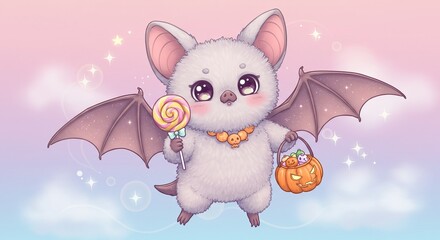 White fluffy bat with pastel lollipop