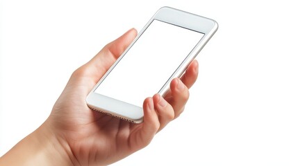Hand Holding White Smartphone with Blank Screen Against White Background