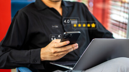 Online customer satisfaction survey service concept, consumer give five-stars and feedback review for quality, client rate service from experience in application, business reputation ranking from buye