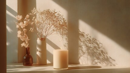 A sunlit indoor display of delicate dried flowers in muted pastel tones, complemented by a soft beige candle, casts artistic shadows on a light beige wall.