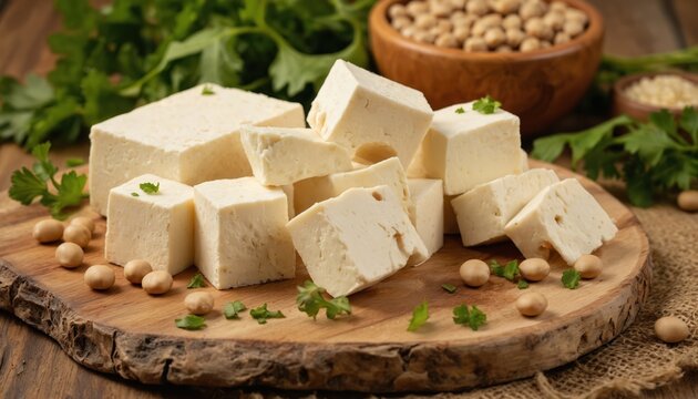 Cubed fresh tofu, soybeans artfully arranged on rustic wooden board, accented with parsley sprigs. Image wholesome, plant-based ingredients perfect for healthy eating, vegan cuisine, culinary - Powered by Adobe