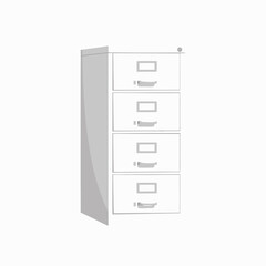 A minimalist illustration depicting a white file cabinet with four drawers and simple handles for office organization