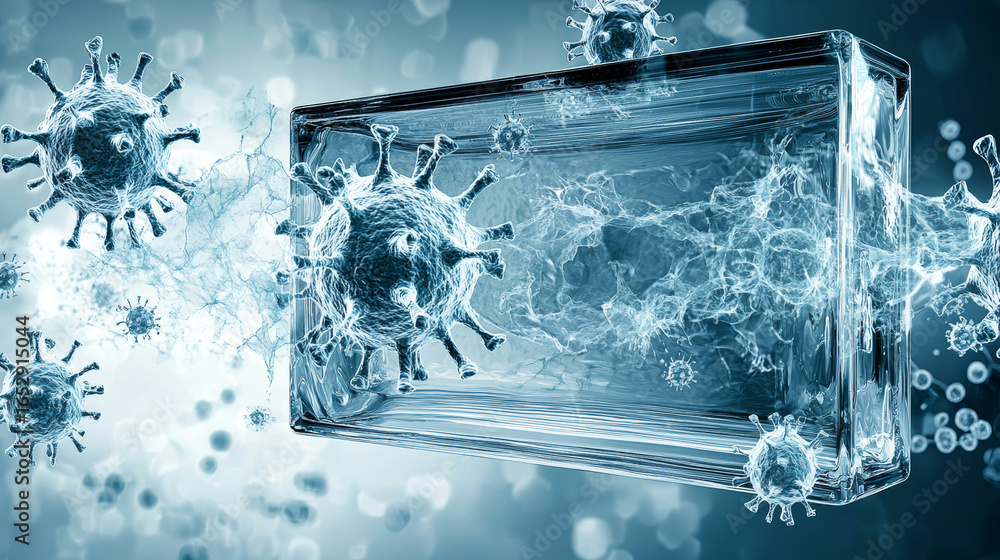 Aufkleber digital banknote disintegrating into virus particles, showcasing blend of technology and health conc