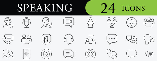 Line icon set of speaking, voice, chat, communication, meeting, interview, and conversation. Editable vector for business and social media