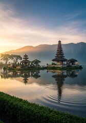 Serene Sunrise Over Ulun Danu Beratan Temple, Bali.