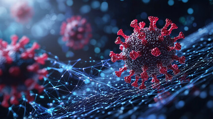 Detailed representation of virus particle, showcasing intricate structures and vibrant colors against digital background. image evokes sense of scientific exploration and technological advancement
