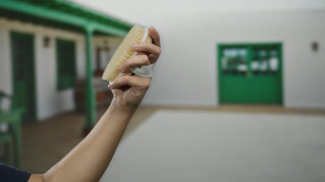 Caucasian man holding a cleaning brush in an outdoor hotel courtyard with green accents on doors and furniture.