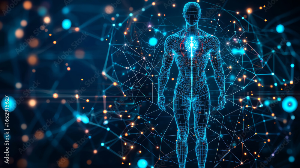 Poster digital representation of human figure surrounded by network of glowing connections, symbolizing tec