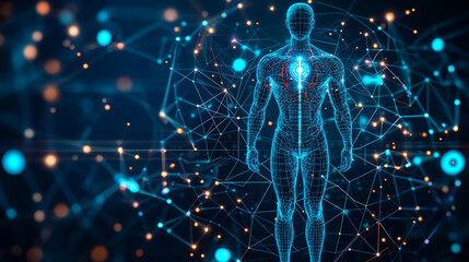 Digital representation of human figure surrounded by network of glowing connections, symbolizing technology and data integration. image conveys sense of innovation and advanced technology