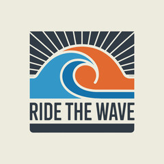 Fototapeta premium Stylized Ocean Wave and Sunburst Logo with Text Ride The Wave water surf