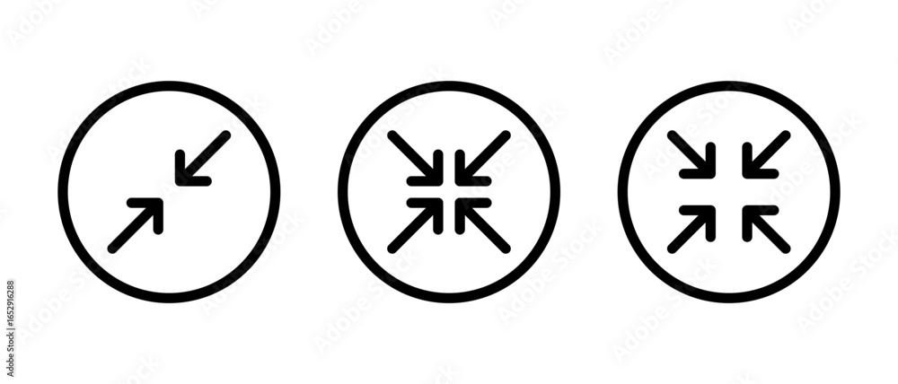 Poster minimize and collapse button icon set. exit full screen symbol in circular outline