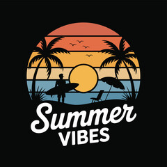 Naklejka premium Retro Sunset Beach Scene with Surfer and Palm Trees Graphic vintage summer