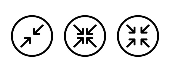 Minimize and collapse button icon set. Exit full screen symbol in circular outline