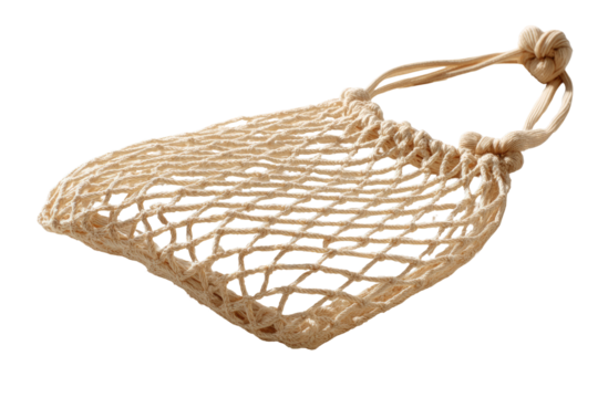 Small, off-white, netted bag with knotted handles